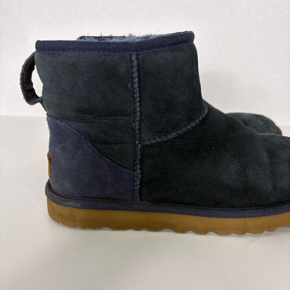UGG Navy Blue Classic Mini Fur Lined Winter Boots with Tan Bottoms Size 8 - Picture 5 of 10